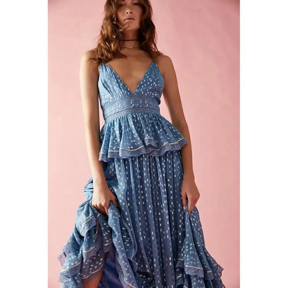 NWT FREE PEOPLE X ROCOCO SANDS Sz S EMI LONG DRESS IN BABY BLUE